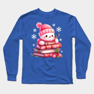 Pink Kawaii Snowman with Books Long Sleeve T-Shirt